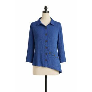 Ali Miles‎ Blue XL Blouse Women Button Front Crinkle Texture Asymmetric Pocket